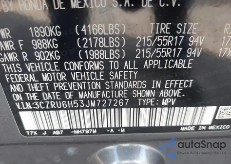 2018 Honda Hr-V Ex z USA, uszkodzony, nr VIN 3CZRU6H53JM727267